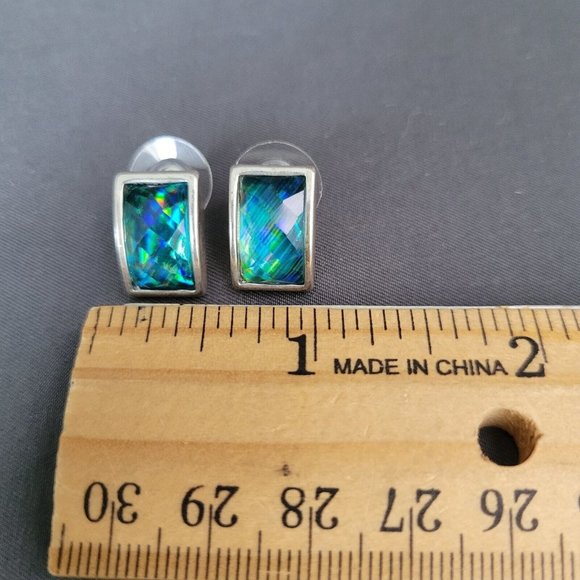 KC Blue Stone Rectangle Pendant Necklace Earrings Fashion Set Blue Silver Tone - Picture 11 of 12